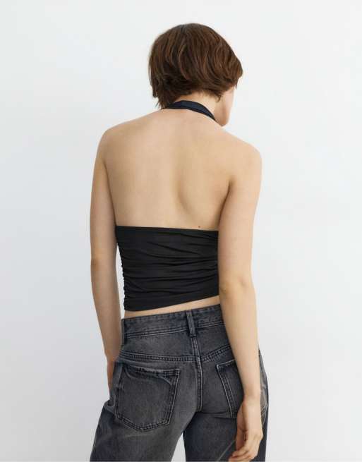 Pull&Bear - Top met halternek en rimpeleffect in zwart, 2 van 7