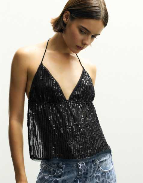 Pull&Bear - Top met lovertjes en open achterkant in zwart - view 1