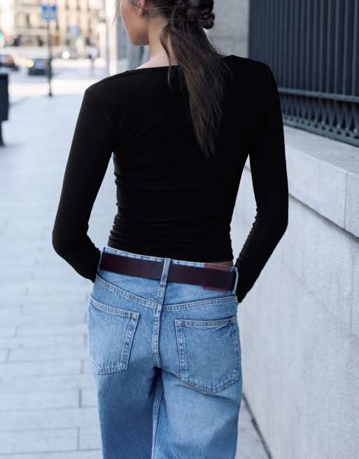 Pull&Bear top met vierkante halslijn en plooien in zwart, 3 van 7