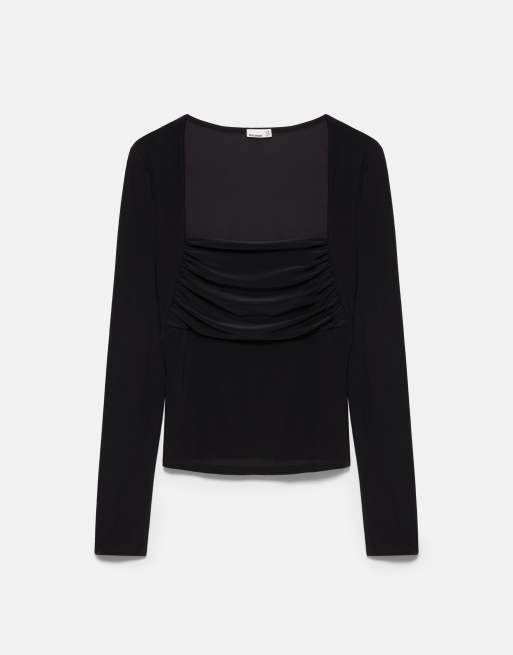 Pull&Bear top met vierkante halslijn en plooien in zwart, 5 van 7