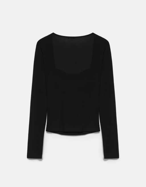 Pull&Bear top met vierkante halslijn en plooien in zwart, 7 van 7