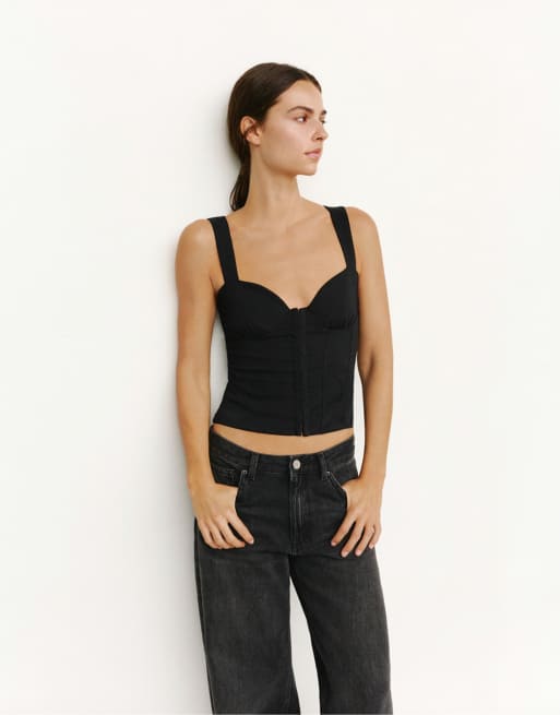 Pull&Bear Top mit Trägern und Korsett-Optik in Schwarz, 2 von 7