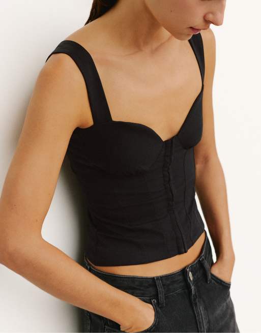 Pull&Bear Top mit Trägern und Korsett-Optik in Schwarz, 4 von 7