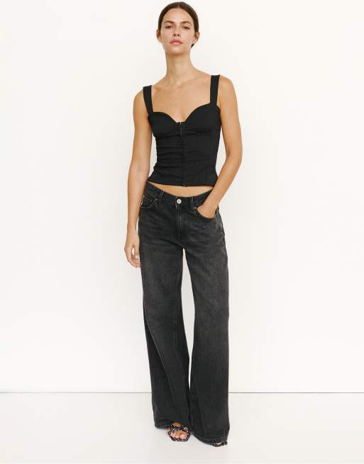 Pull&Bear Top mit Trägern und Korsett-Optik in Schwarz, 5 von 7