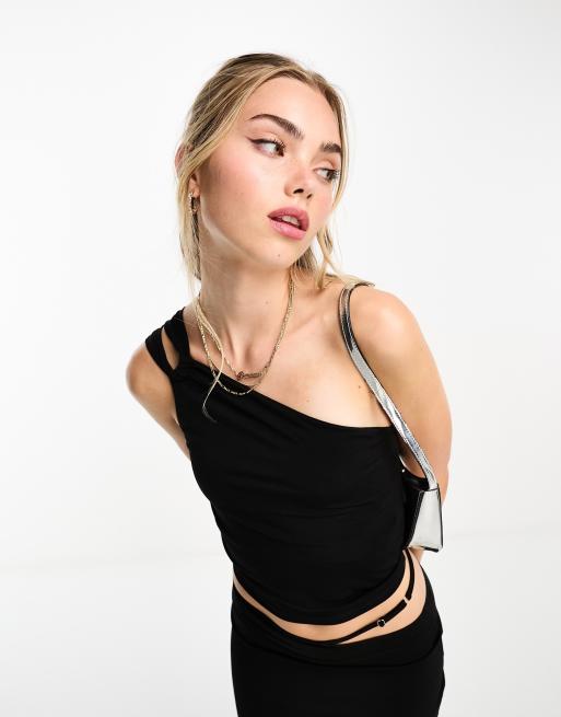 Pull&Bear - Top nero con spalline asimmetriche in coordinato