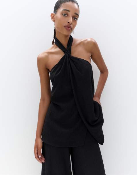 Pull&Bear - Top nero in crêpe allacciato al collo - view 1