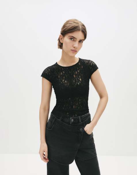 Pull&Bear - Top nero in pizzo con cuciture - view 1