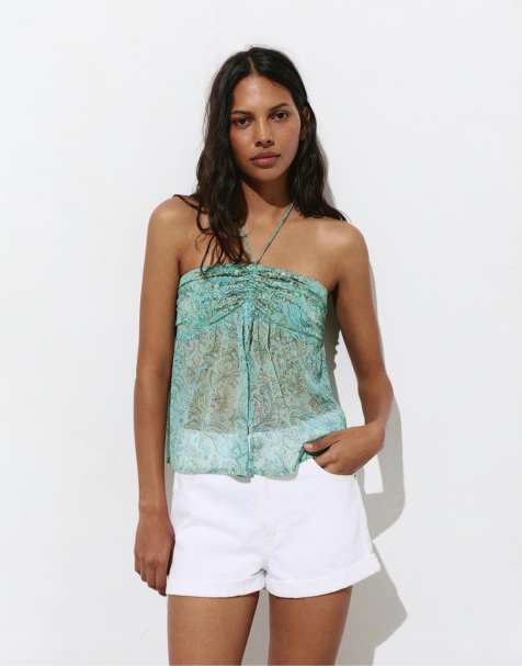 Pull&Bear - Top raccolto turchese con perline - view 1