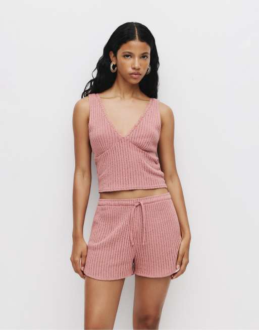 Pull&Bear - Top rosa in maglia con dettaglio in pizzo
