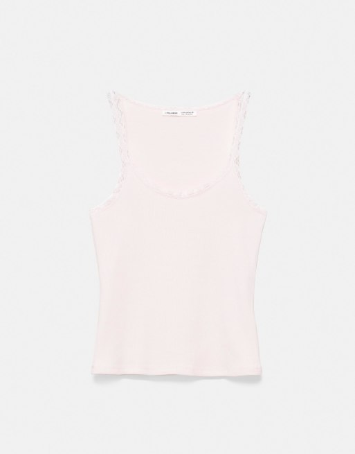 Pull&Bear top sans manches à bordure en dentelle rose poudré, 6 de 7