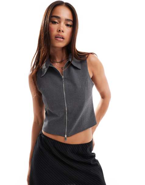 Pull&Bear - Top sartoriale grigio con zip - view 1