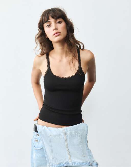 Pull&Bear - Top senza maniche nero con finiture in pizzo, 2 di 7
