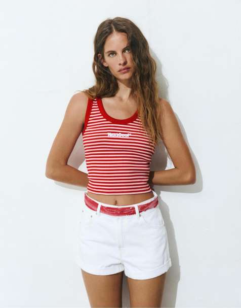 Pull&Bear - Top senza maniche rosso a righe con ricamo - view 1