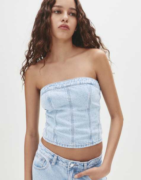 Pull&Bear - Top stile corsetto in denim blu pallido con strass - view 1