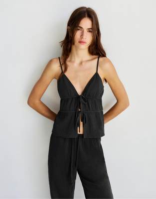 Pull & Bear - Top texturé à bretelles - Noir délavé-Gris M