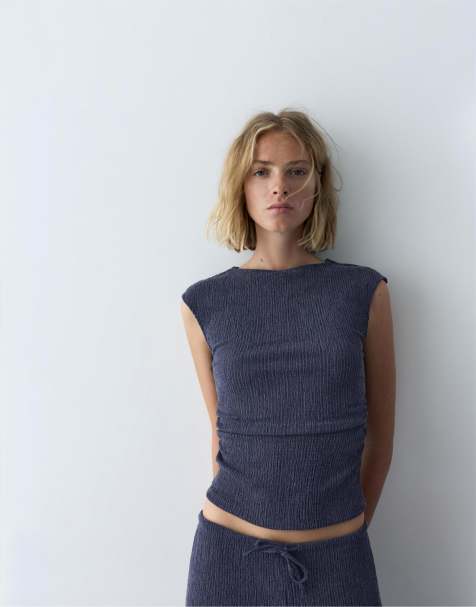 Pull&Bear - Top van crêpestof in marineblauw - view 1