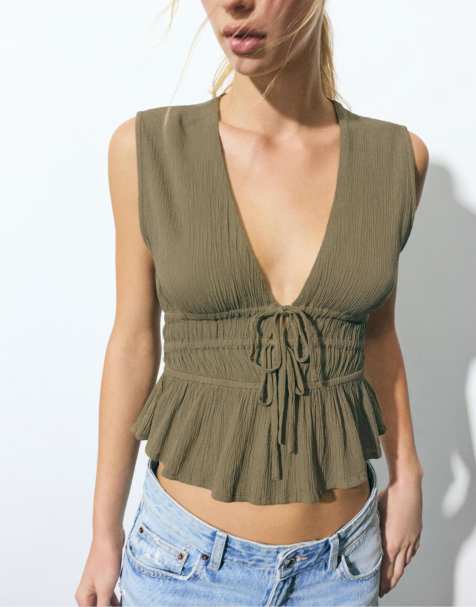 Pull&Bear - Top van crêpestof met strikjes in groen - view 1