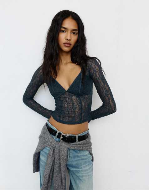 Pull&Bear - Top van kant met korset in blauwgrijs - view 1