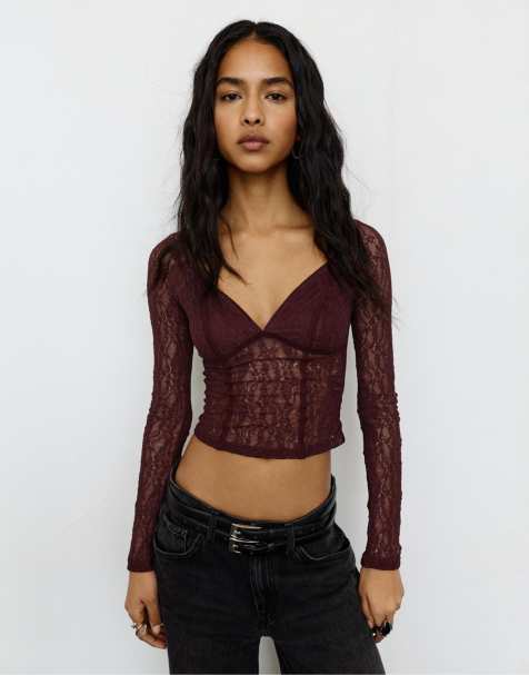 Pull&Bear - Top van kant met korset in bordeauxrood - view 1