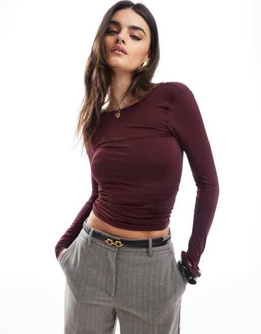 Pull&Bear - Top van polyamide met lange mouwen en open achterkant in bordeauxrood