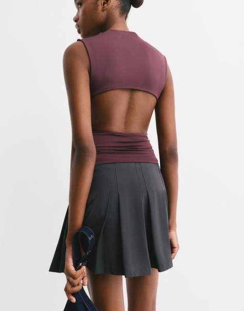 Pull&Bear - Top van polyamide met open achterkant in roodbruin - view 1