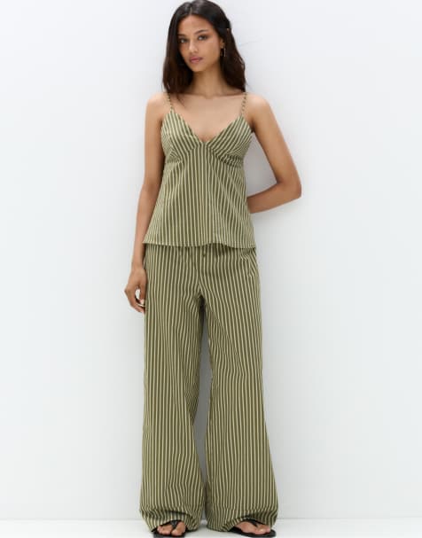 Pull&Bear - Top verde a righe con spalline sottili - view 1