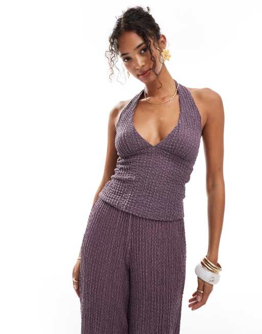Pull&Bear - Top viola allacciato al collo in coordinato