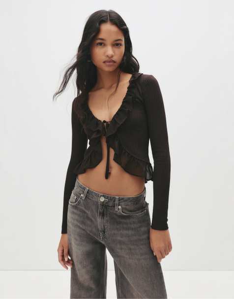 Pull&Bear - Top volanté à manches longues - Marron - view 1