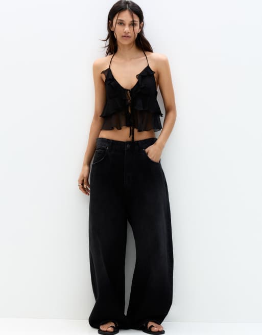 Pull&Bear ruffled top with bow in black