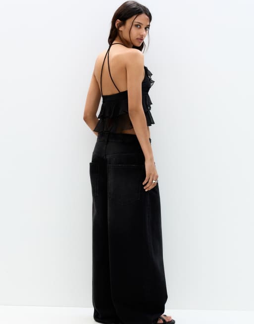 Pull&Bear ruffled top with bow in black