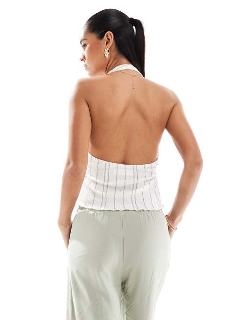 Pull&Bear – Top z dekoltem halter w kolorze ecru w prążki, 4 z 4