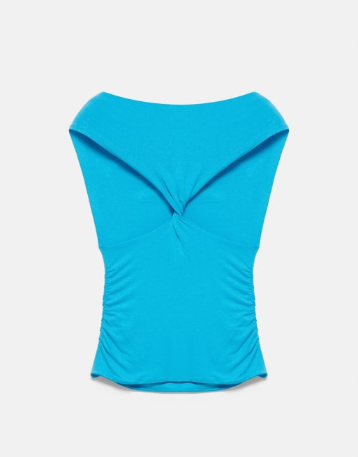 Pull&Bear topp med rynkad asymmetrisk design i turkos, 7 av 7