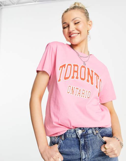 Pull&Bear – Toronto – Różowy T-shirt z napisem