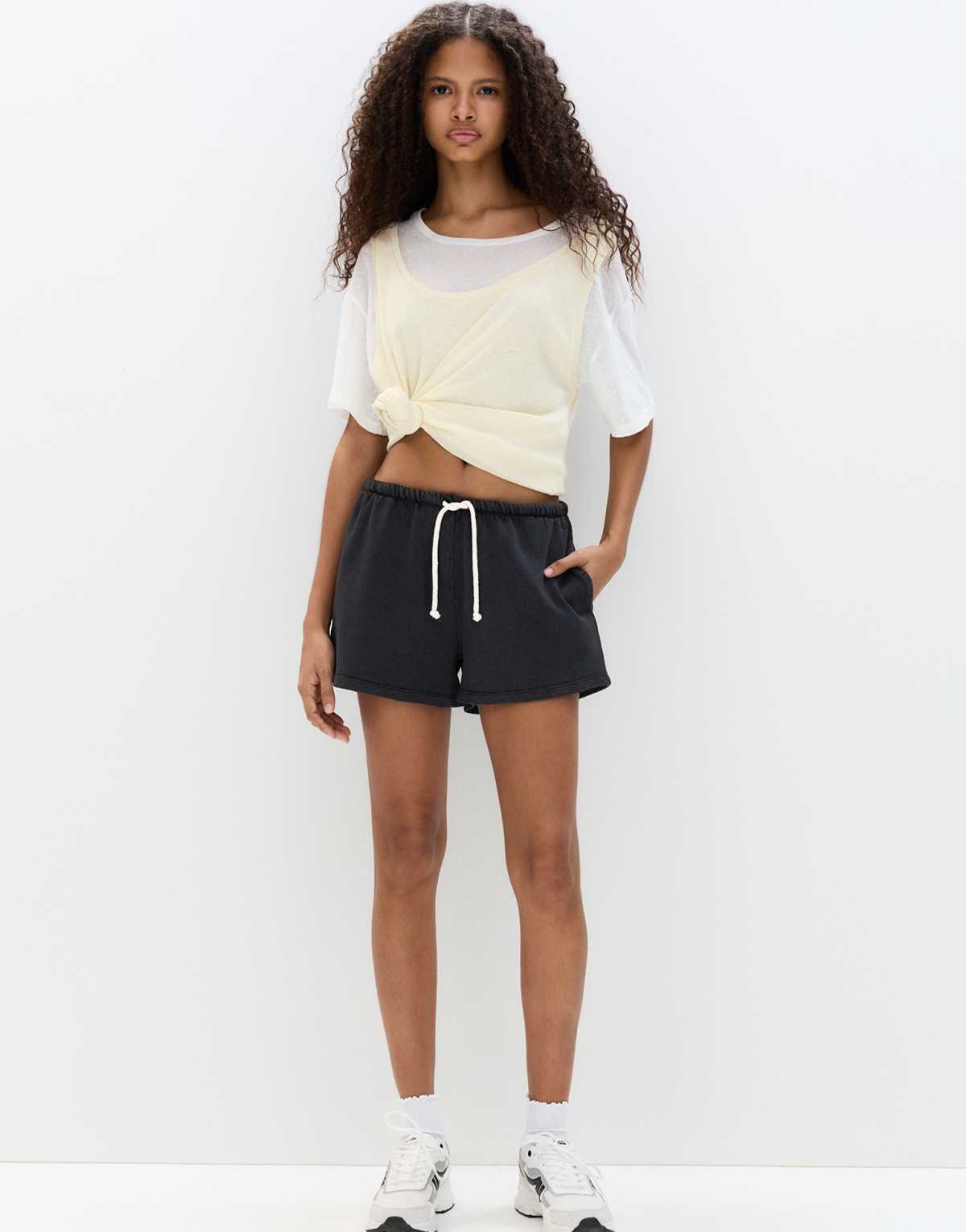 Pull&Bear tracksuit bermuda shorts with contrast drawstring in black