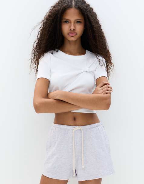 Pull&Bear tracksuit bermuda shorts with contrast drawstring in pale marl - view 1