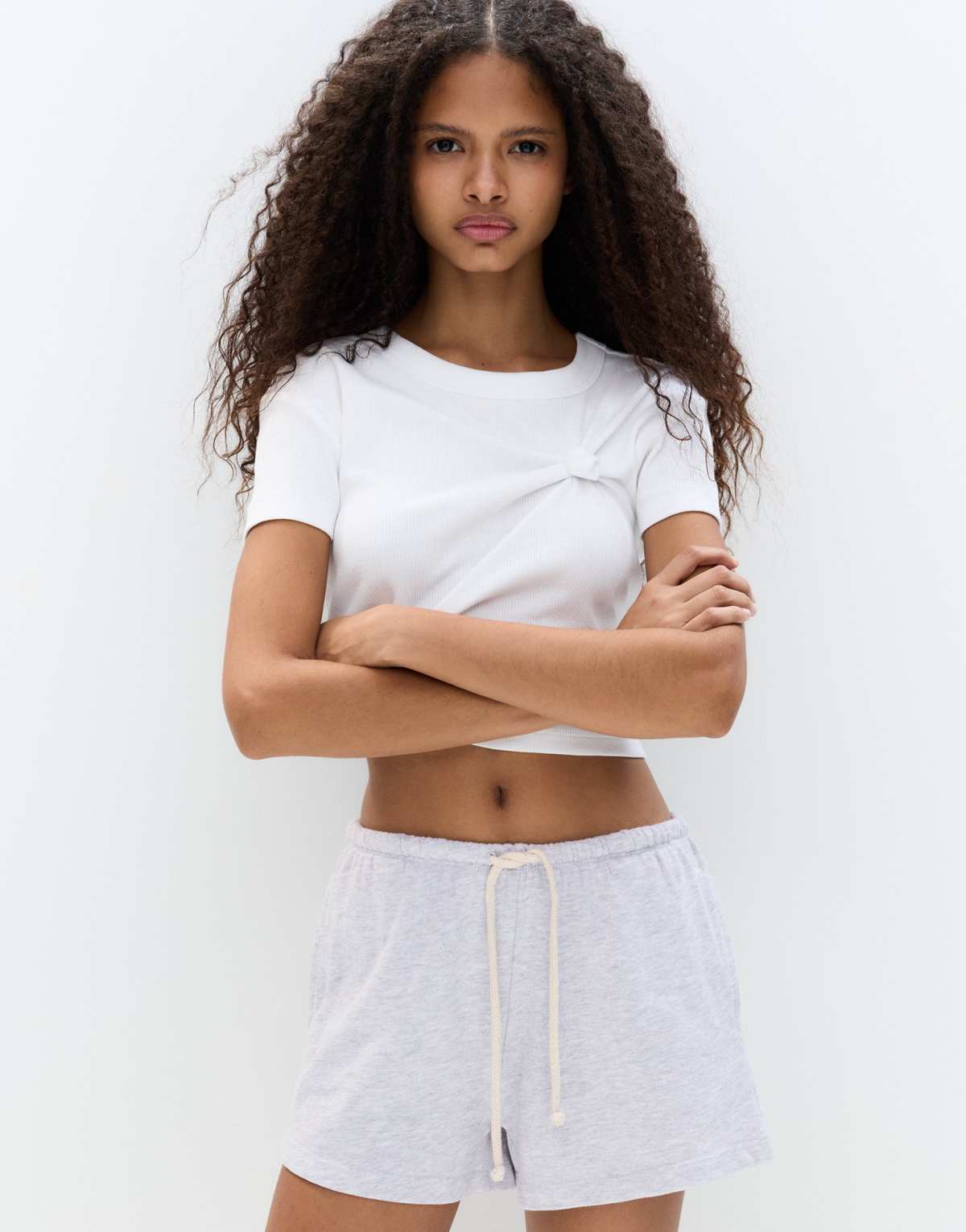 Pull&Bear tracksuit bermuda shorts with contrast drawstring in pale marl