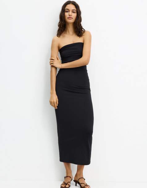 Pull&Bear – Trägerloses Midikleid in Schwarz aus Polyamid - view 1