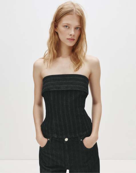 Pull&Bear – Trägerloses Oberteil in Schwarz mit Nadelstreifen - view 1