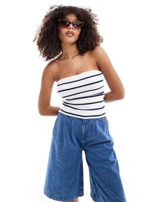 Pull&Bear – Trägerloses Oberteil mit blauen Streifen