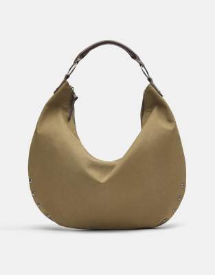 Pull & Bear - Tragetasche in Grau/Kamelbraun mit Nietenbesatz und Ringdetail-Bunt