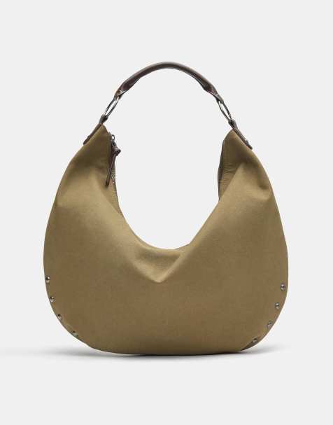 Pull&Bear – Tragetasche in Grau/Kamelbraun mit Nietenbesatz und Ringdetail - view 1