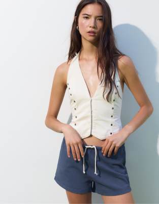 Pull & Bear - Trainings-Bermudashorts in Tintenblau mit kontrastierendem Kordelzug