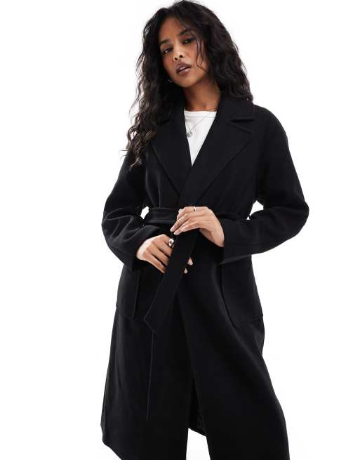 Pull&Bear Trench-coat ajusté effet laine avec ceinture Noir ASOS