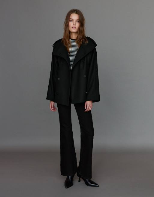 Pull&Bear trench-coat court en feutre ceinturé noir en laine, 4 de 7