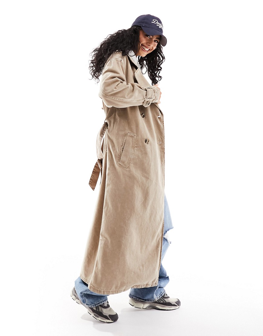 Pull & Bear trench coat in acid wash beige-Neutral
