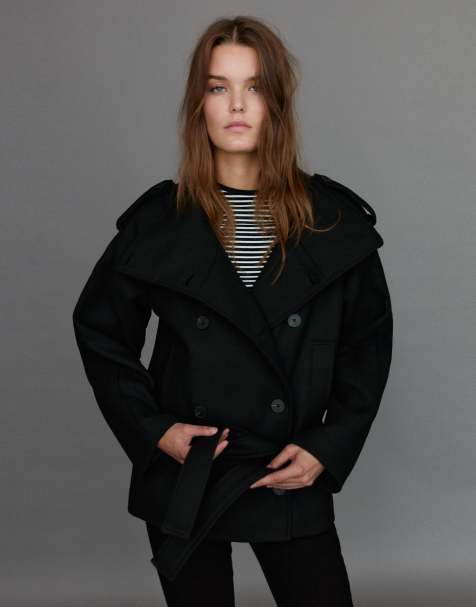Pull&Bear trench corto in feltro con cintura nero con lana - view 1