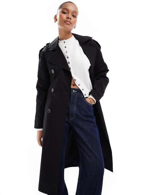 Pull&Bear – Trenchcoat in Schwarz mit Gürtel