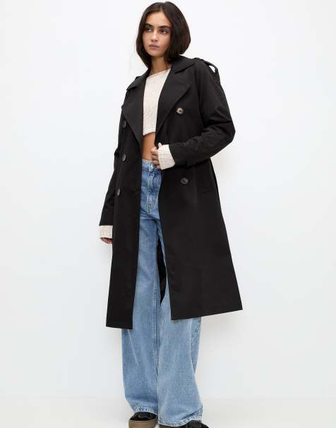 Pull&Bear – Trenchcoat in Schwarz mit Gürtel - view 1