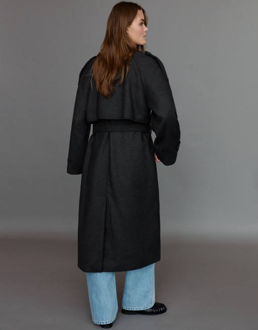 Pull&Bear trenchcoat med bælte i grå uld, 4 af 6