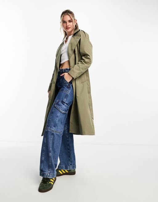 Pull&Bear - Trenchcoat met riem in kaki